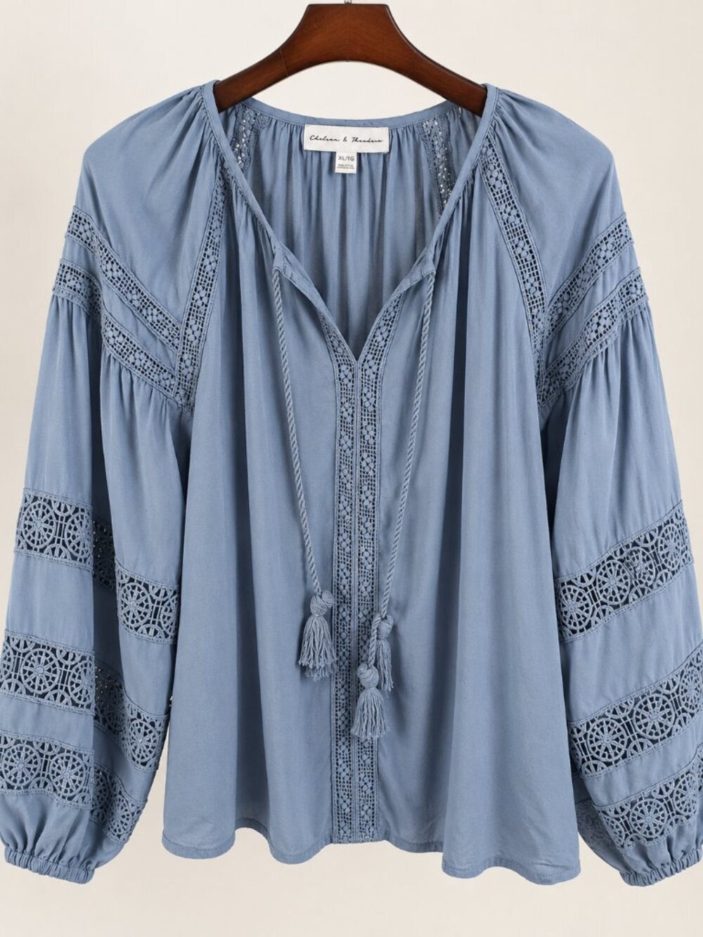 Chelsea & Theodore Blue Boho Crochet Lace Peasant Blouse XL